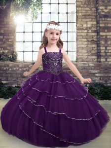 Berenjena púrpura con cordones, tirantes, abalorios y volantes capas, niña vestido de tul sin mangas