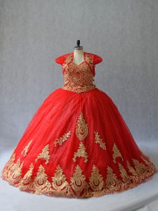 Rojo dulce 16 vestidos sin mangas corte tren encaje hasta