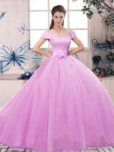 Exquisito con hombros descubiertos, mangas cortas y encaje dulce 16 vestido de quinceañera lila tul