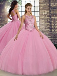 Bastante rosa vestidos de bola sin mangas de tul longitud del piso encaje hasta bordado vestido de cumpleaños 15