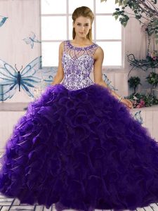 Cómodos vestidos de fiesta de color púrpura cucharada de organza sin mangas hasta el suelo con cordones y abalorios vestido de quinceañera dulce 16