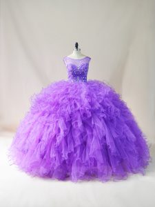 Scoop sin mangas con cordones dulce 16 vestido de quinceañera tul púrpura