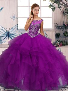 Ajuste personalizado piso de longitud vestidos de bola sin mangas púrpura quinceañera vestidos de cremallera