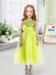 En venta lentejuelas y flores hechas a mano vestido de desfile infantil amarillo verde cremallera sin mangas de té