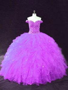 Encantador tul sin mangas hasta el suelo con cordones dulce 16 vestido de quinceañera en color púrpura con cuentas y volantes