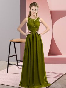 Las mejores gasas sin mangas con cremallera abalorios y apliques de quinceañera vestido dama en verde oliva