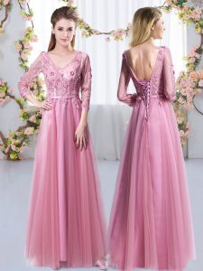Vestido damas rosa dulce fiesta de bodas con encaje y apliques cuello en v 3 4 manga larga con cordones
