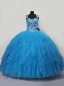 Excepcionales azules vestidos de bola correas sin mangas de hasta el suelo con cordones y volantes vestido de fiesta vestido de fiesta