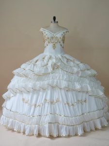 Brillante abalorios y bordado vestido de quinceañera blanco con cordones hasta el suelo sin mangas