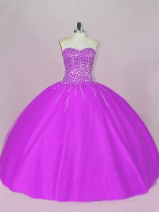 Diseñador púrpura vestidos de bola cariño sin mangas de tul longitud del piso encaje hasta rebordear dulce 16 vestido