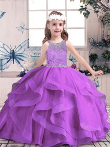 Vestidos de gala vestidos de las niñas vestidos de color púrpura tul sin mangas hasta el suelo longitud de encaje