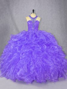 Dramático vestido de 15 cumpleaños con cremallera de organza sin mangas y color púrpura para dulce 16 y quinceañera