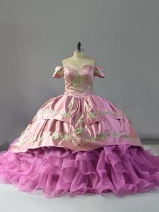 Populares vestidos de fiesta de color lila organza del hombro bordado sin mangas y volantes hasta 15 vestidos de quinceañera tren capilla