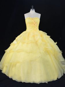 Increíble vestido amarillo de quinceañera dulce 16 y quinceañera con flores hechas a mano sin mangas con cordones hasta