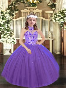 Dramático encaje púrpura hasta niñas apliques de vestir sin mangas hasta el suelo