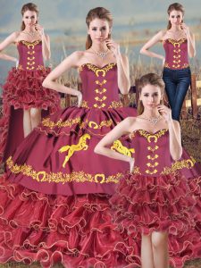 Borgoña con cordones de novia bordado dulce 16 vestidos de organza sin mangas cepillo tren
