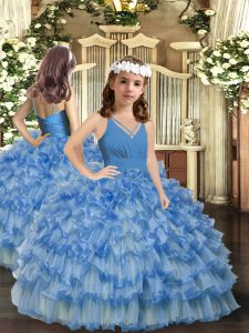 Vestido de desfile infantil con cremallera de organza sin mangas azul para fiesta y bodas