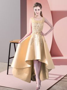 En venta alto bajo oro quinceañera dama vestido scoop sin mangas cremallera