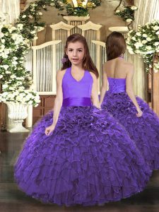 La longitud del piso sin mangas con los volantes populares hasta el vestido del desfile de las niñas al por mayor con púrpura