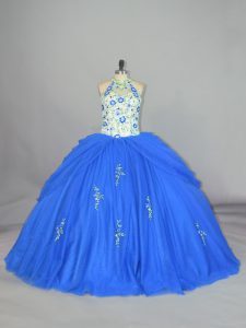 Exquisitos apliques de escote azul sin tirantes y bordado dulce 16 vestido de quinceañera sin mangas con cordones