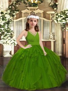 Excelente vestido largo con cremallera para niños vestido de color verde oliva para fiesta y bodas con volantes