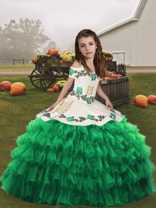 Vestido de concurso infantil con bordado largo hasta el suelo sin mangas con cordones y verde