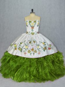 Vestidos de bola verde oliva bordados y volantes dulce 16 vestido con cordones organza longitud del piso sin mangas