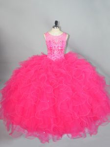Deslumbrantes vestidos de bola de color rosa intenso cucharada de organza sin mangas hasta el suelo con cordones y abalorios vestido de quinceañera