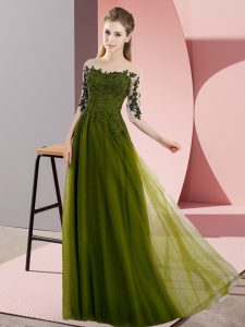 Colorido piso largo verde oliva quinceañera vestidos de gasa medias mangas abalorios y encaje