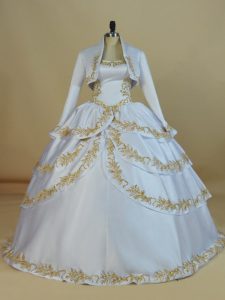 Cordones blancos con cordones bordados quinceañera vestido satinado sin mangas