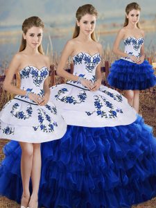 Azul real con cordones de novia bordado y capas con volantes y bowknot quinceañera vestido de organza sin mangas