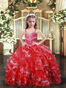 Adorable vestido rojo con cordones para niños vestido abalorios sin mangas hasta el suelo