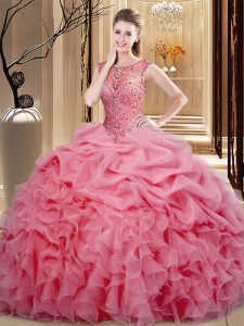 Palabra de longitud vestidos de quinceañera rosa organza sin mangas abalorios y volantes y pick ups