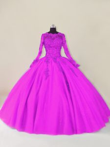 Glorioso escote de encaje festoneado púrpura y apliques 15 vestido de quinceañera manga larga con cremallera
