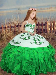 Vestidos de bola verdes perfectos correas de organza sin mangas bordado hasta el suelo con cordones vestido del desfile infantil