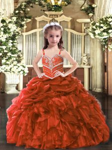 Fiesta de disfraces de moda para niñas pequeñas de color rojo herrumbre y fiesta de bodas con cuentas y volantes correas sin mangas con cordones