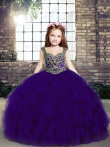Vestidos de gala encantadores niñas vestidos de desfile correas púrpuras tul longitud del piso sin mangas con cordones
