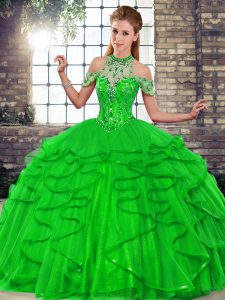 Elegante vestido de bola verde sin mangas de largo largo hasta el suelo con cordones y abalorios vestidos de quinceañera