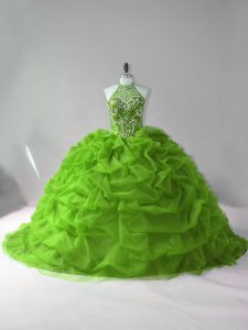 Grandes vestidos de bola verde con cuentas y pick ups vestido de fiesta vestido de fiesta con cordones de organza sin mangas