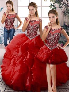 Modesto vestido de quinceañera de tres piezas, cucharada roja, organza, sin mangas, largo hasta el suelo con cordones