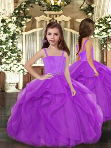 Vestidos de bola de color púrpura de alta calidad correas de tul sin mangas con volantes hasta el suelo vestido de encaje hasta niños vestido