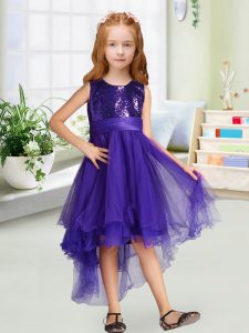 Organza con cremallera púrpura vestido de desfile de niña sin mangas de lentejuelas y bowknot