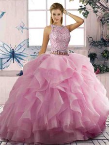 El más popular hasta el suelo vestido rosa de quinceañera tul sin mangas abalorios y volantes