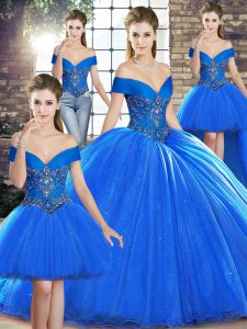 Elegante azul real sin mangas cepillo tren rebordear vestidos de quinceanera