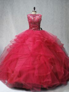 Impresionantes vestidos de bola sin mangas de coral rojo 15 vestido de quinceañera cepillo tren encaje hasta