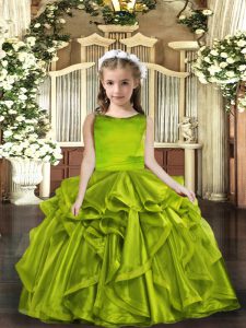 Palabra de longitud verde oliva infantil desfile vestido sin mangas con cordones