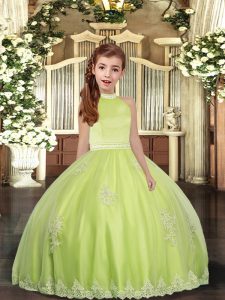 Encantador vestido amarillo verde sin espalda vestido de desfile de niña y apliques sin mangas hasta el suelo
