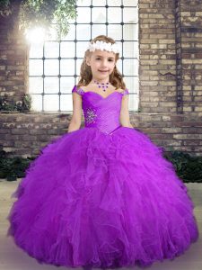 Nuevo estilo de color púrpura vestidos de bola correas de tul sin mangas abalorios y volantes hasta el suelo hasta las niñas vestidos de desfile