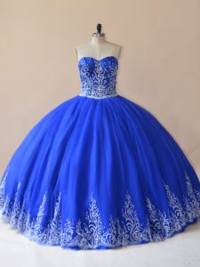 Decente azul real cariño encaje bordado vestidos de quinceañera sin mangas