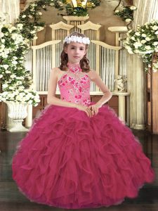 Palabra de longitud vestidos de bola sin mangas de color rosa intenso niños desfile vestido ata para arriba